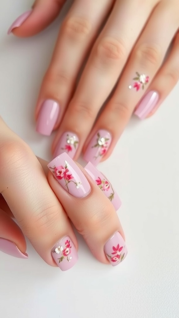 Close-up of hands with pink chrome square nails featuring floral patterns