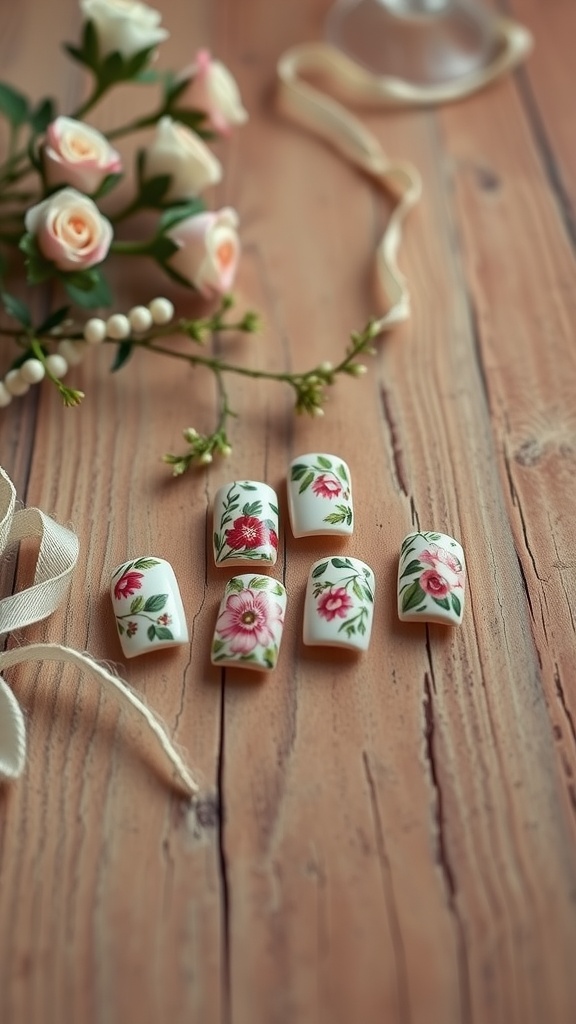 Square French nails with floral patterns on a wooden surface, surrounded by flowers and a ribbon.