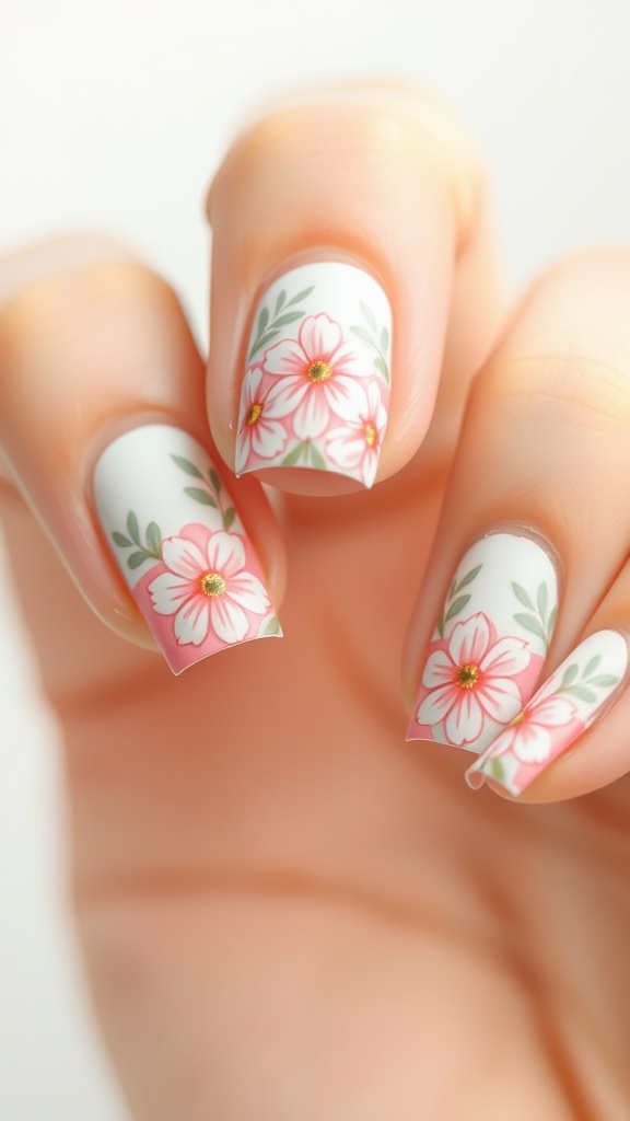 Nail design featuring pastel flower patterns on a white background