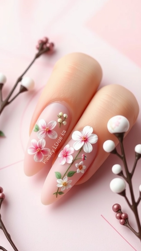 Close-up of almond-shaped nails with floral designs in pink hues.