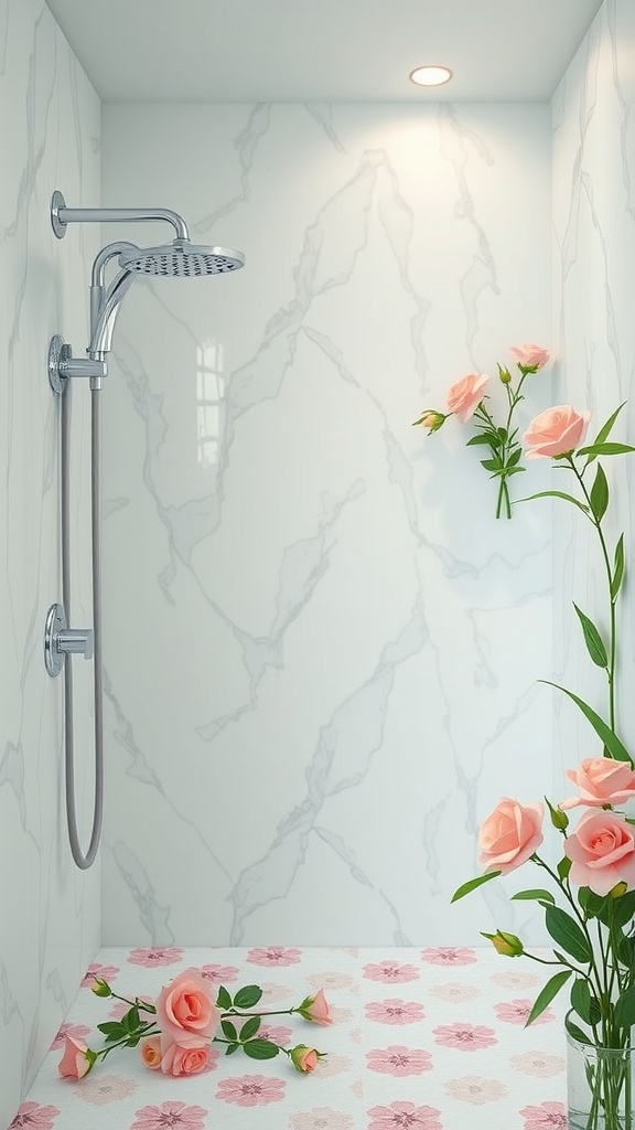 A modern shower with pink floral decorations and white marble walls