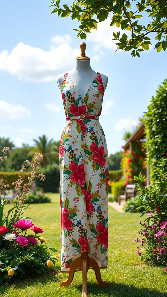 Floral print jumpsuit displayed outdoors in a garden setting