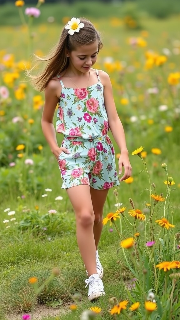 A girl wearing a floral print romper and white canvas sneakers, walking through a field of flowers.