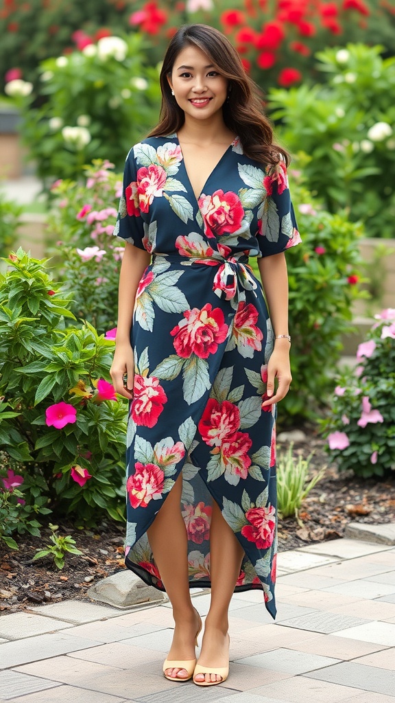 A woman wearing a floral print wrap skirt with red and pink flowers against a navy background, standing in a garden.