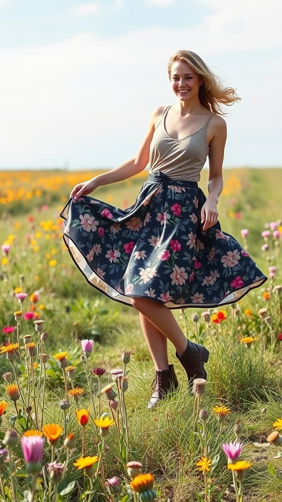 A woman in a floral print wrap skirt and tank top, smiling in a field of flowers.