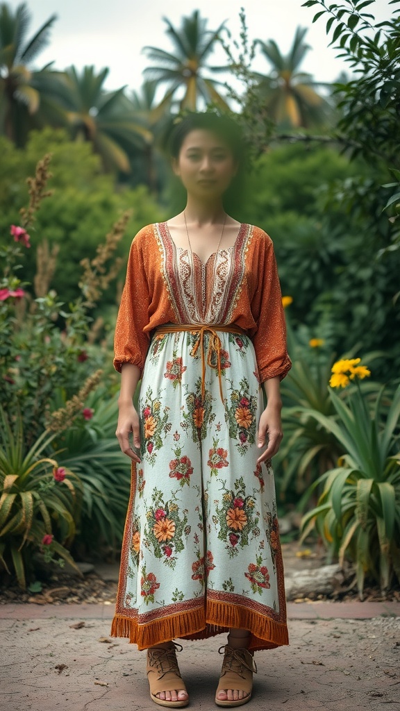 A model wearing a floral skirt and earthy-toned top, surrounded by lush greenery.