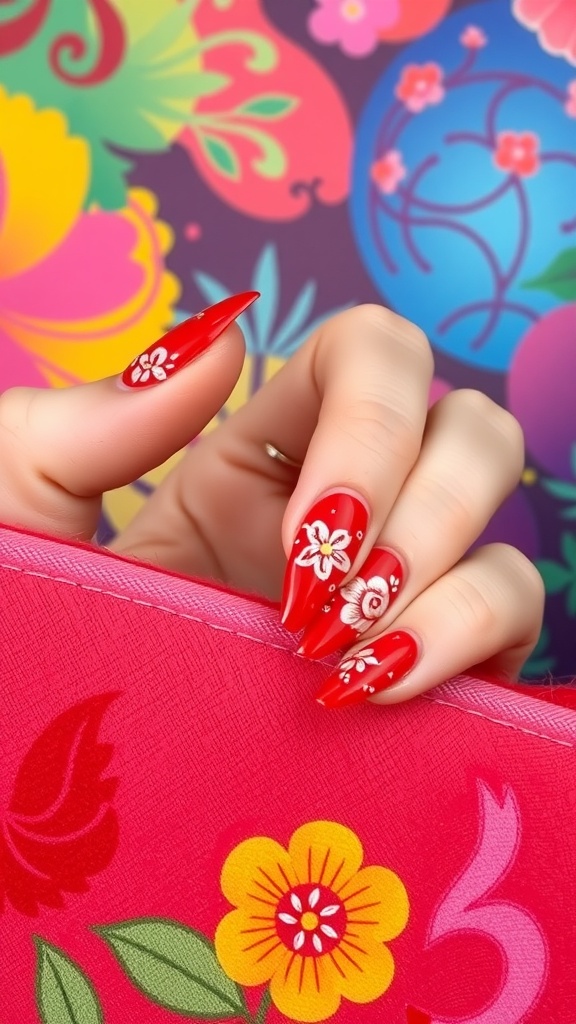 A hand with floral red nail design, holding a pink floral clutch