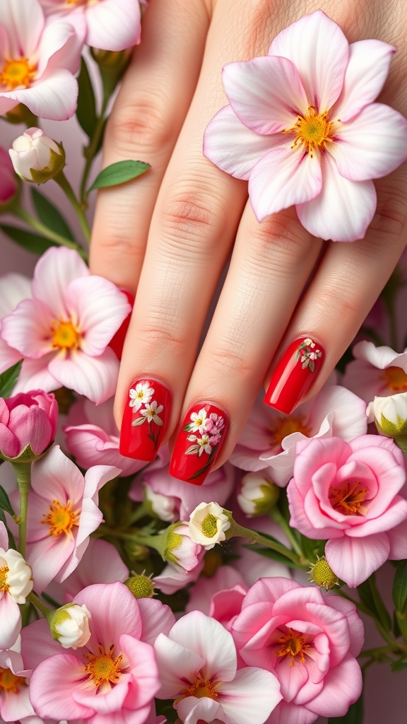 A hand with red acrylic nails featuring floral designs, surrounded by pink flowers.