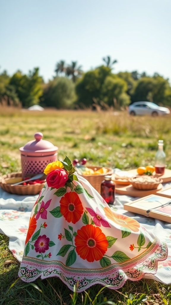 A vibrant floral skirt draped over a picnic setup in a sunny field, featuring a pink container and fruits.