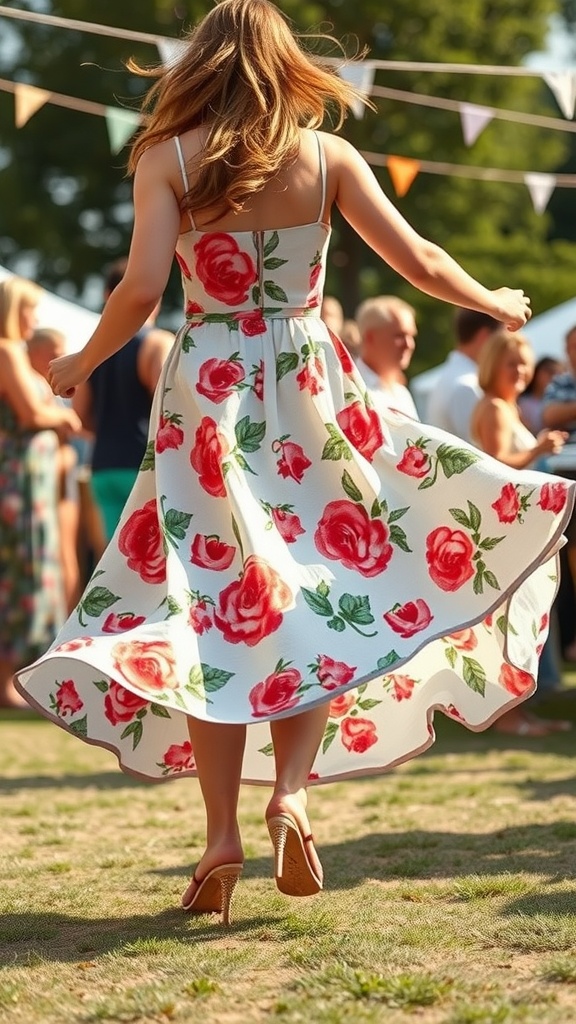 A woman twirling in a floral skirt with vibrant roses, enjoying a sunny outdoor event.