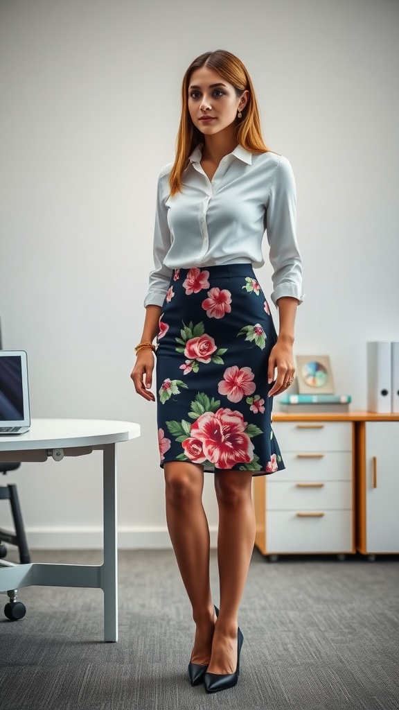 A woman in an office setting wearing a floral skirt and white blouse, looking confident