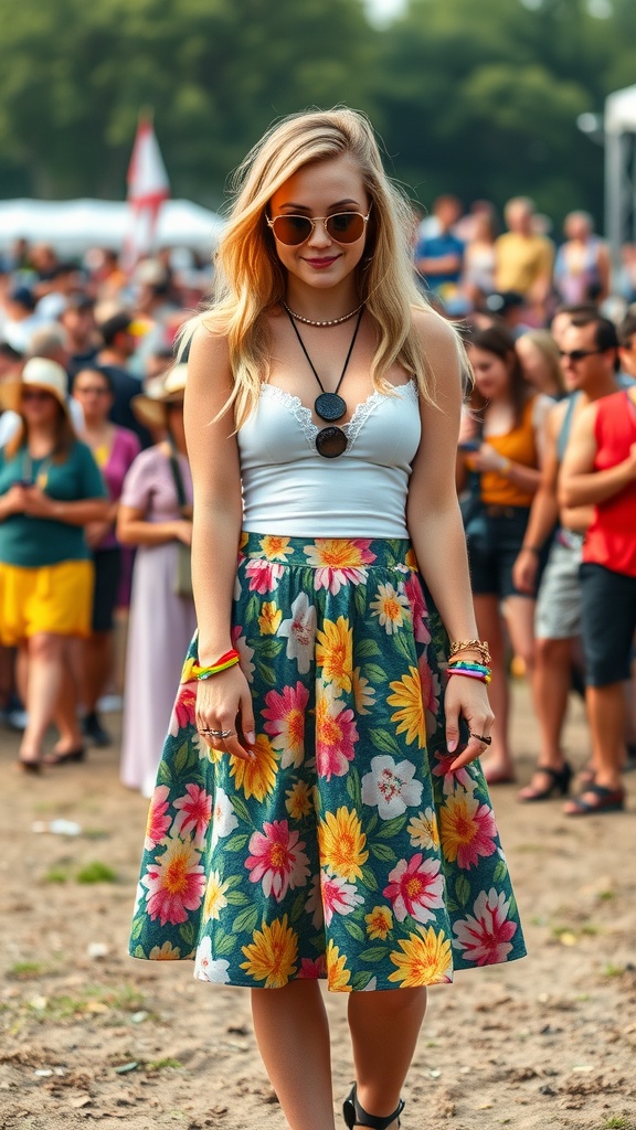 A stylish young woman in a floral skirt at a festival, surrounded by a lively crowd.