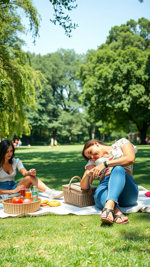 Two women enjoying a picnic in a park, one wearing a floral top and high-waisted jeans.