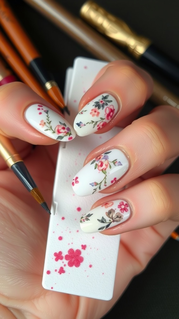 Floral watercolor coffin nails with a white base and colorful floral designs.