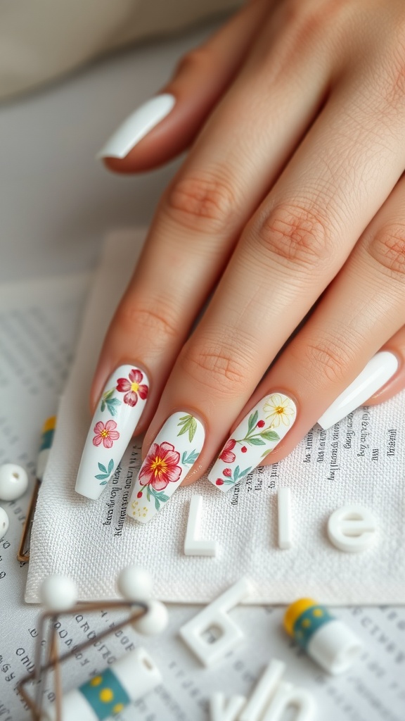 Floral white nail art on long nails with colorful flower designs