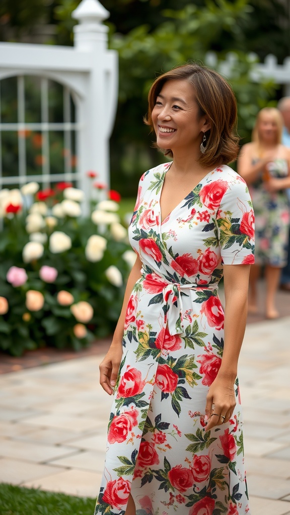 A woman in a floral wrap dress smiling in a garden setting with blooming flowers.