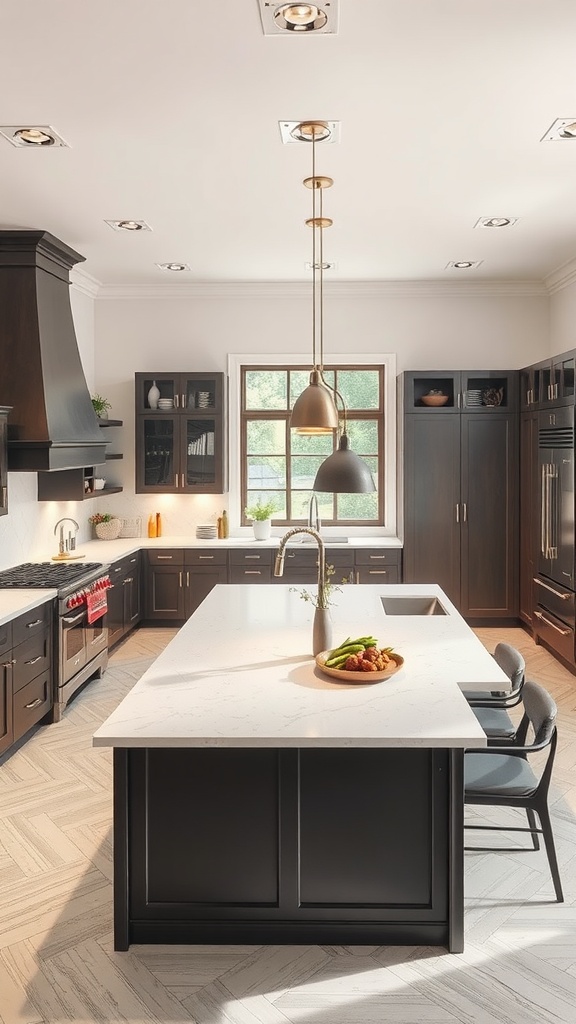 A modern kitchen featuring a double island layout with dark cabinetry and a bright countertop.