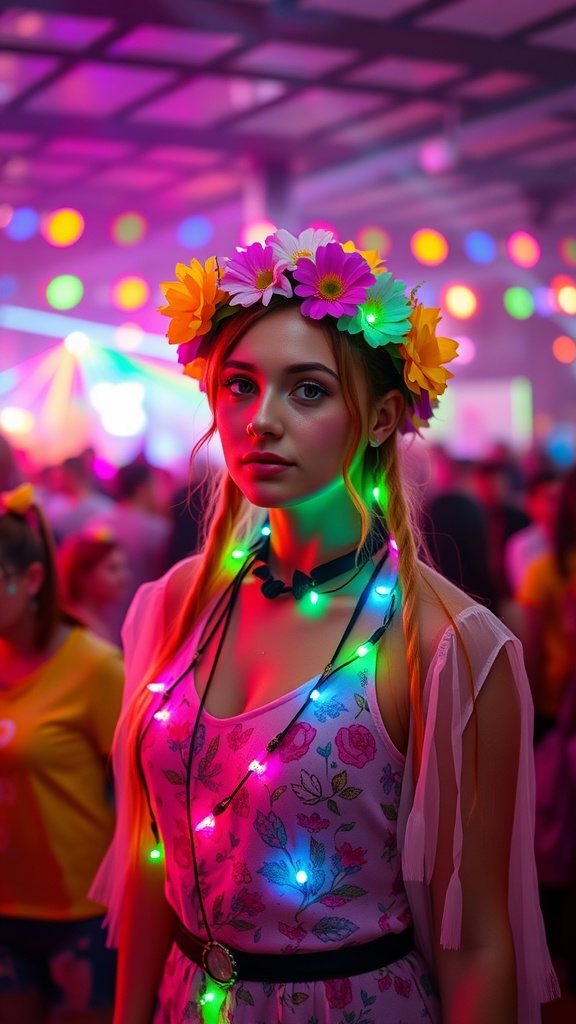 Person with a flower crown and LED accessories at a rave