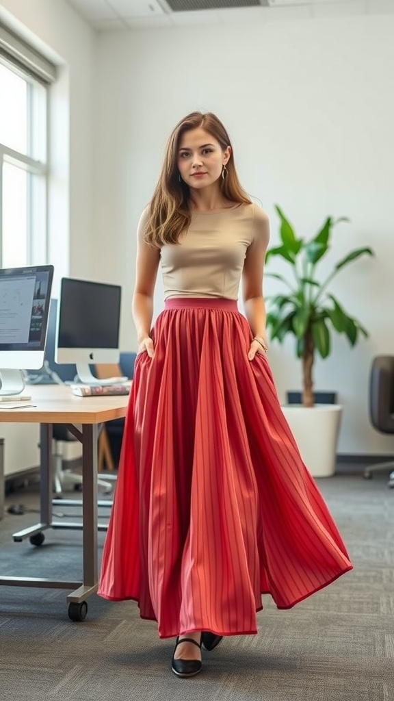 A woman in a fitted top and a flowing red A-line skirt in an office setting.