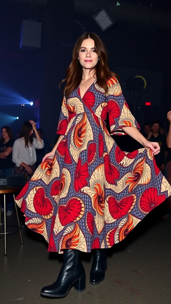 A woman wearing a flowy maxi dress with an intricate red and yellow pattern, paired with black chunky boots, at a club setting.
