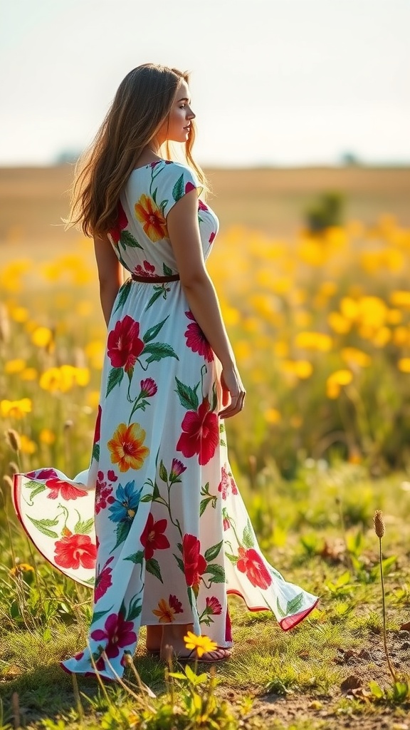A woman in a flowy floral maxi dress stands in a field of flowers, enjoying a sunny day.