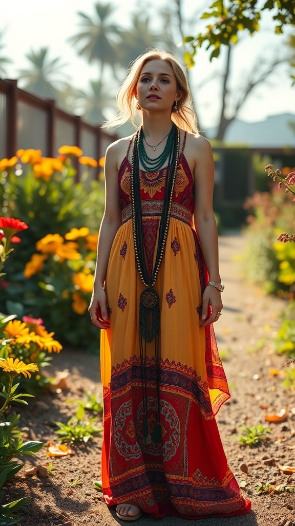 A woman in a colorful flowy maxi dress with layered necklaces standing in a garden