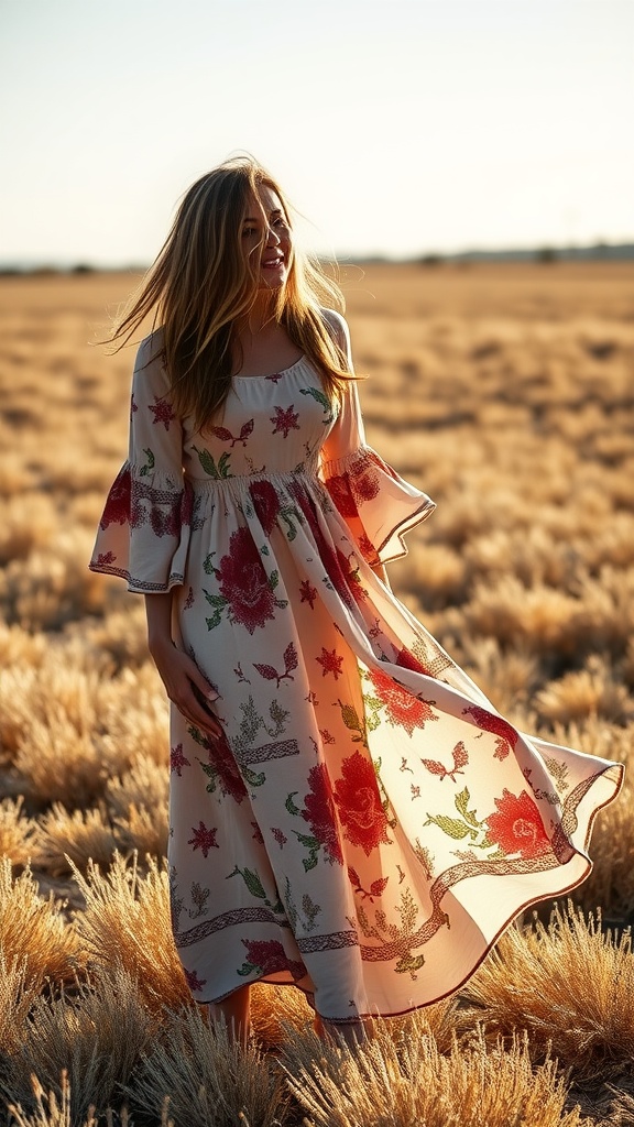 A woman in a floral maxi dress standing in a field