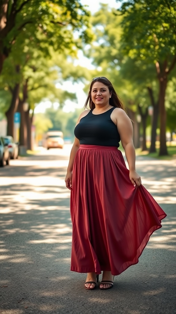 Woman in a flowy red maxi skirt and black fitted top standing on a tree-lined street