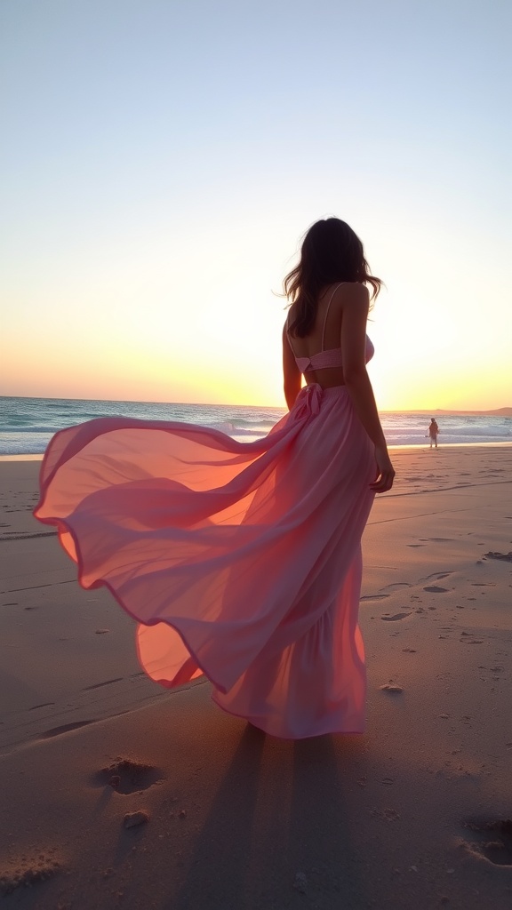 A woman in a flowy pink maxi wrap skirt standing on the beach during sunset.