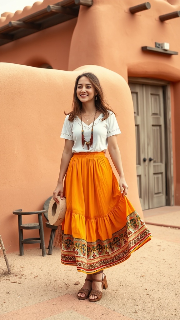 A woman wearing a flowy orange midi skirt and Southwestern jewelry, standing in front of a rustic building.