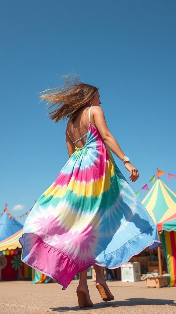 A woman wearing a colorful flowy tie-dye dress, walking in a festival setting with colorful tents in the background.