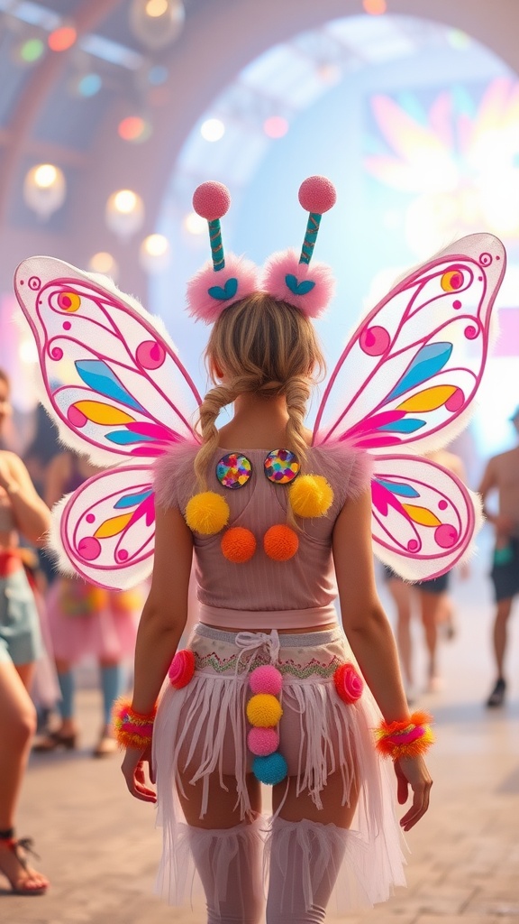 A person wearing colorful butterfly wings and fluffy accessories at a rave, showcasing a playful and vibrant outfit.