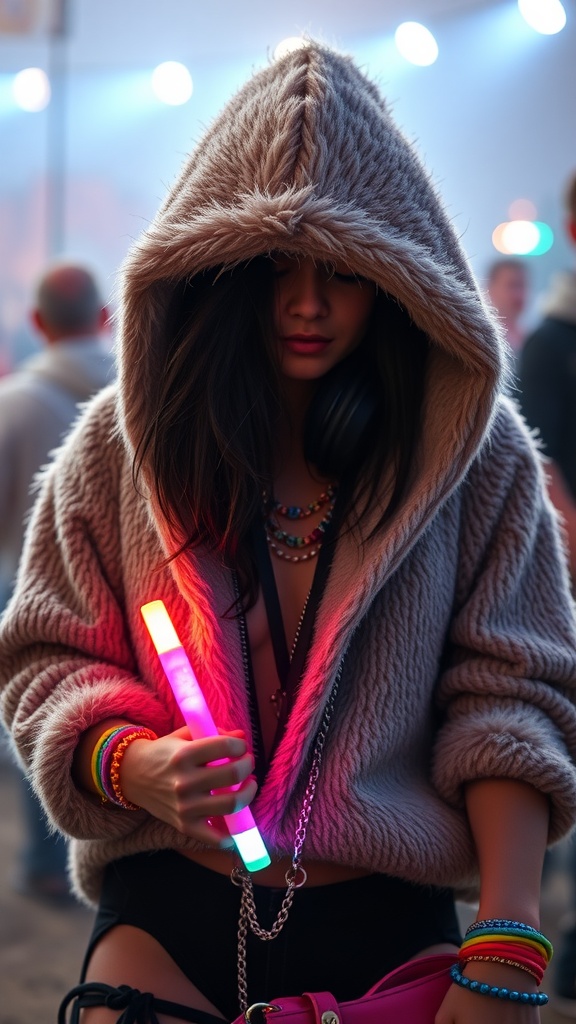 A person in a fluffy hoodie at a rave, holding a colorful light stick, with colorful accessories.