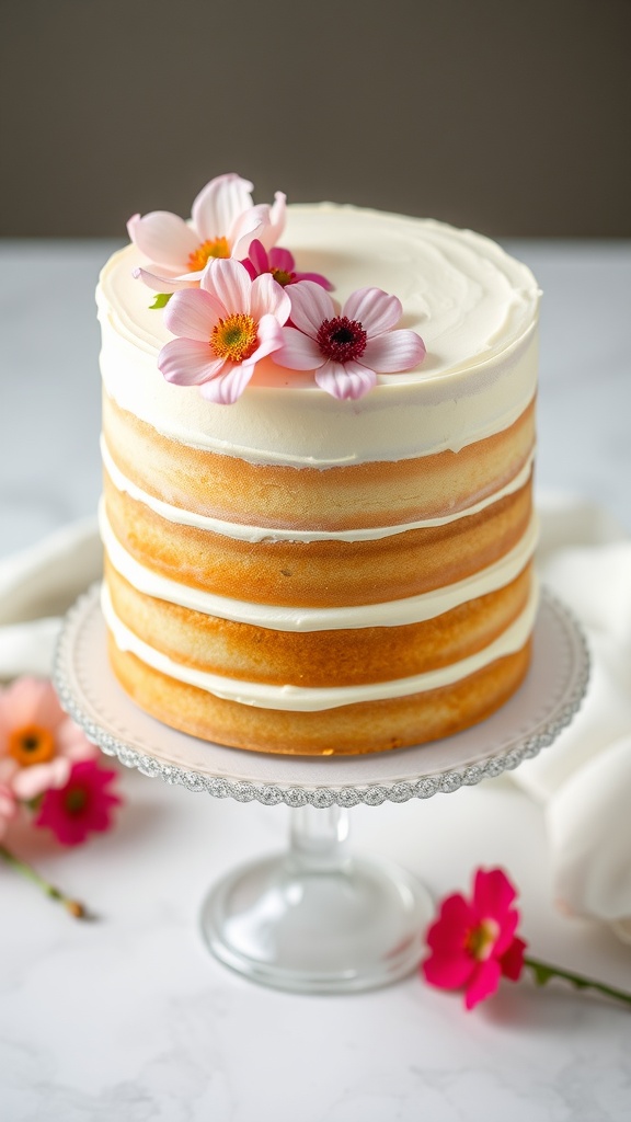 A beautifully layered vanilla bean cake topped with delicate flowers.