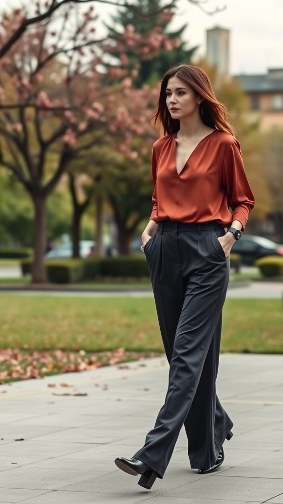 Woman wearing fluid trousers and an elegant top, walking in a park.