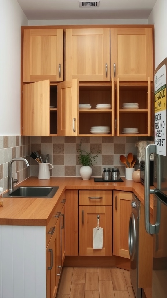 A small kitchen with fold-down wooden cabinets, showing neatly arranged plates and utensils.