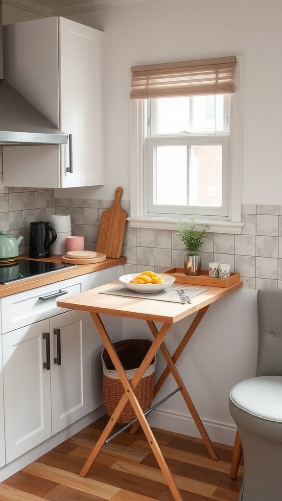 Fold-down table in a small kitchen next to a kitchen counter with a bowl of oranges on it.