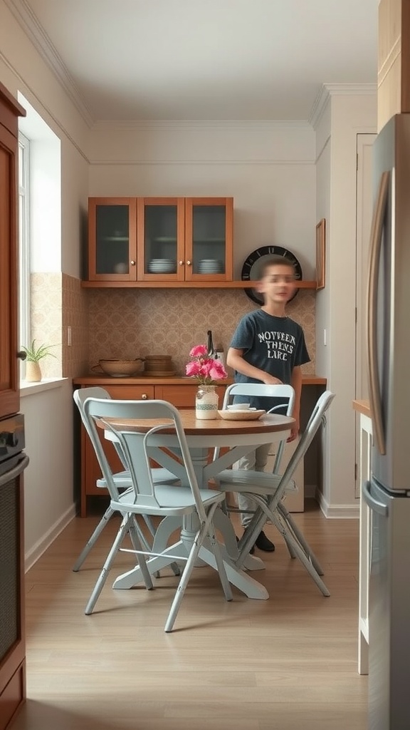 A small kitchen featuring a round table with stackable chairs and a floral centerpiece.