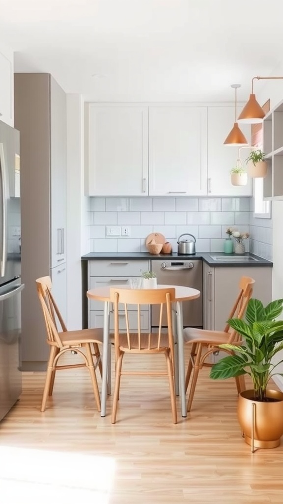 A small kitchen with a round table and wooden chairs, showcasing space-saving foldable furniture