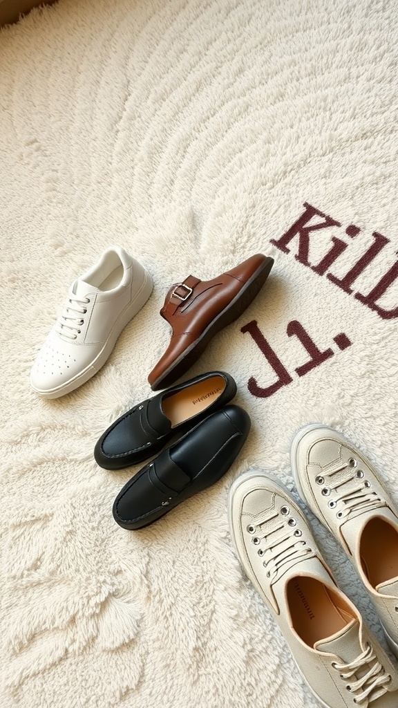 A variety of casual footwear options including white sneakers, brown loafers, black slip-on shoes, and beige sneakers on a soft textured surface.