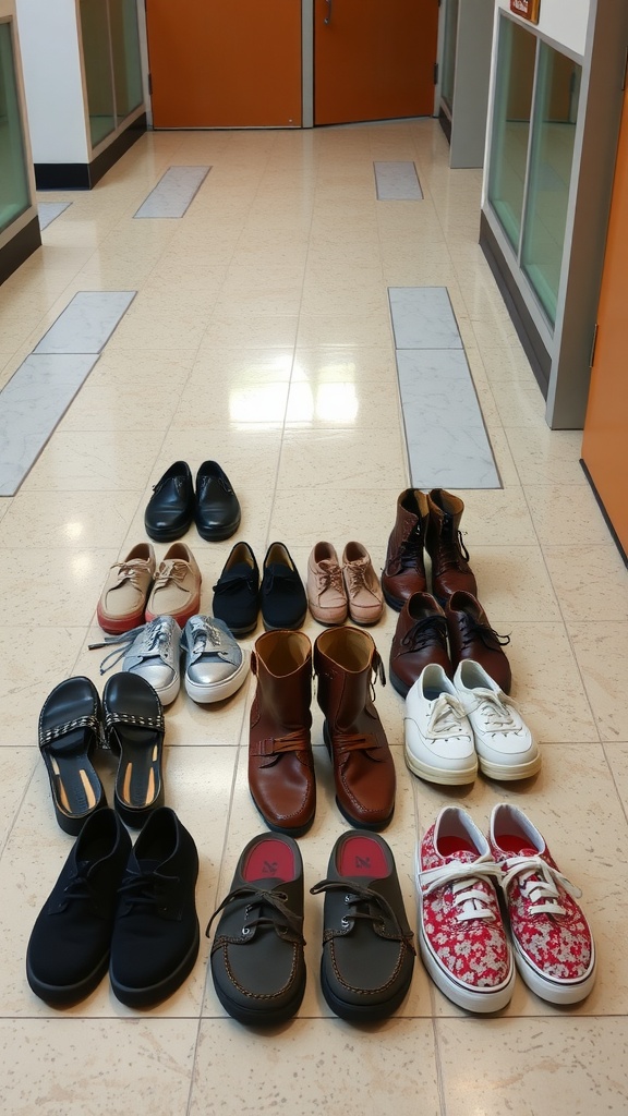 A variety of shoes arranged in a school hallway, including loafers, sneakers, sandals, and boots.