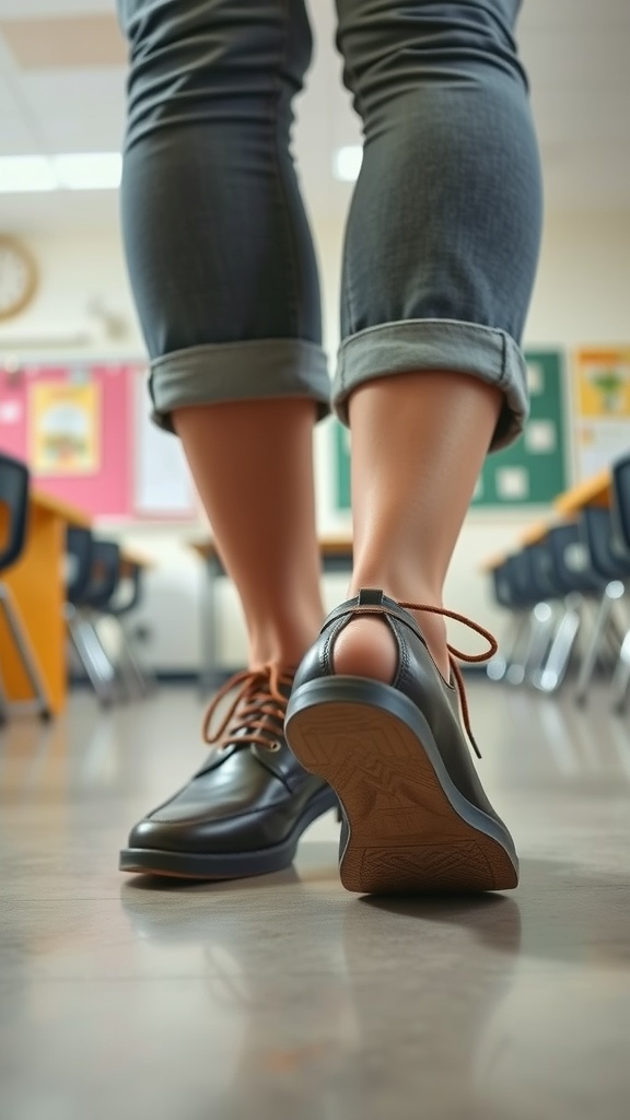 A close-up view of a teacher's stylish shoes with rolled-up jeans in a classroom setting.