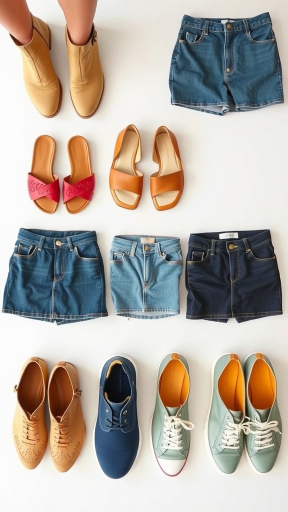A variety of footwear options displayed alongside different styles of jean skirts.