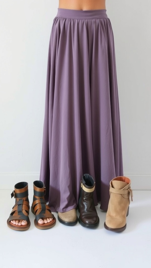 A flowing purple maxi skirt displayed with various footwear options including sandals, ankle boots, and flats.