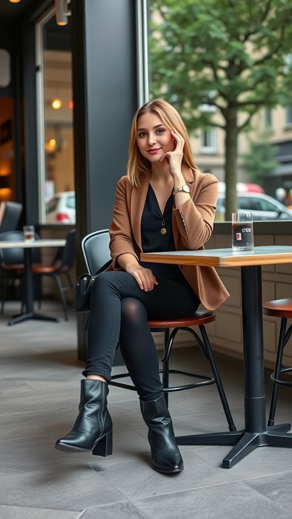 A woman wearing a business casual outfit with stylish black ankle boots, sitting at a café table.