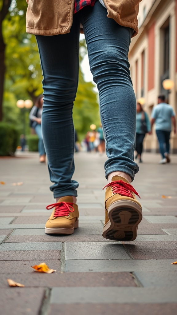 A person walking in stylish sneakers with red laces on a college campus.
