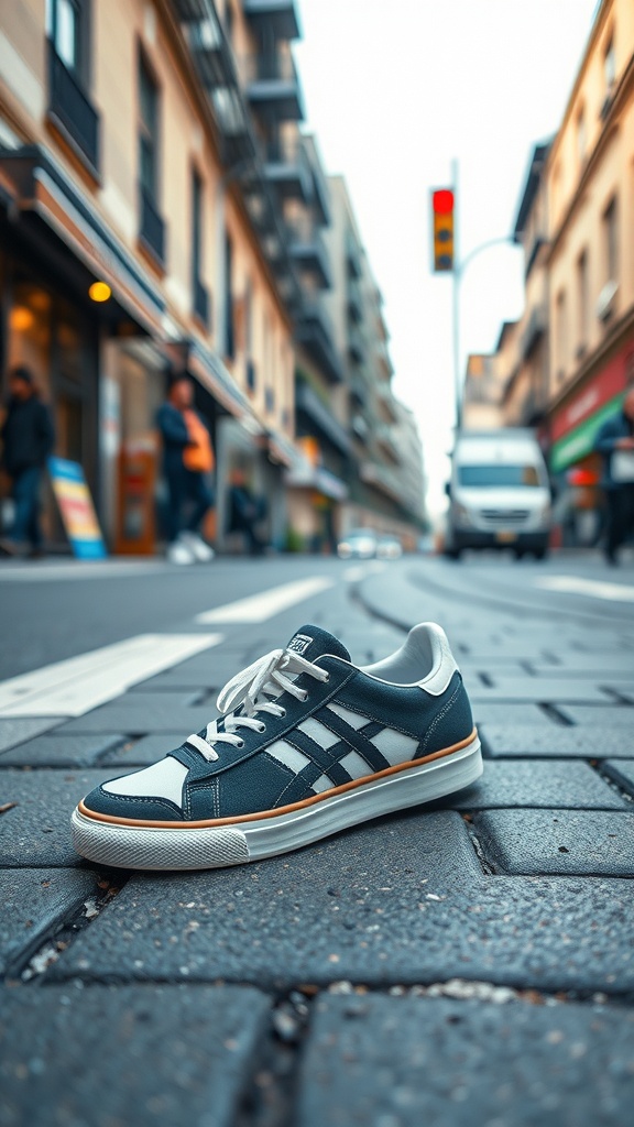A stylish sneaker placed on a street with a blurred urban background.
