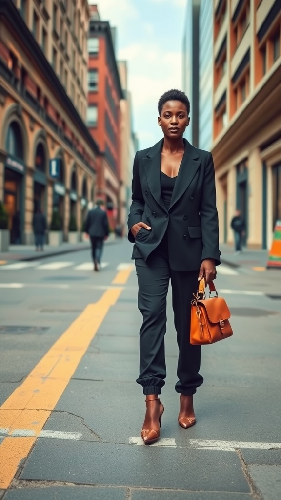 A stylish black woman in a black suit walking on a city street with brown heels and an orange handbag.