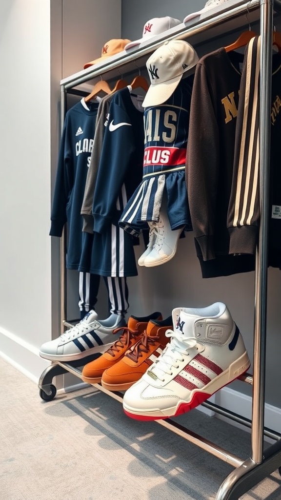 A rack displaying various athletic outfits and sneakers, including classic white, orange, and retro high-tops.