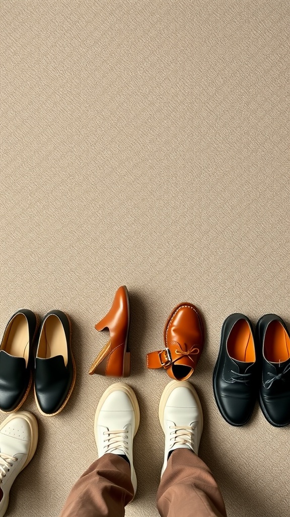 A collection of business casual shoes including sneakers, loafers, heels, and dress shoes arranged on a neutral background.